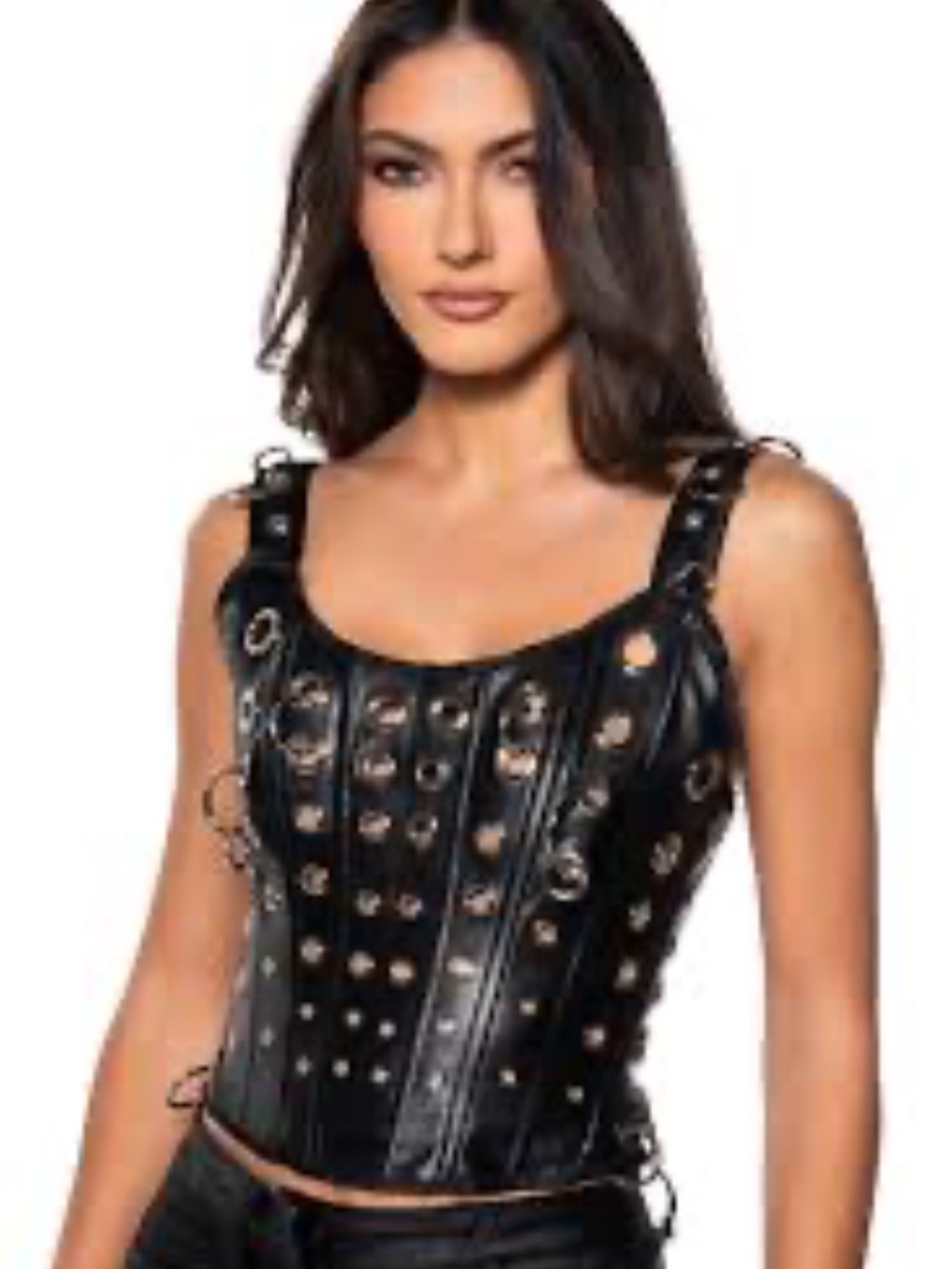 AKIRA Black Faux Leather Grommet & Ring Corset Tank